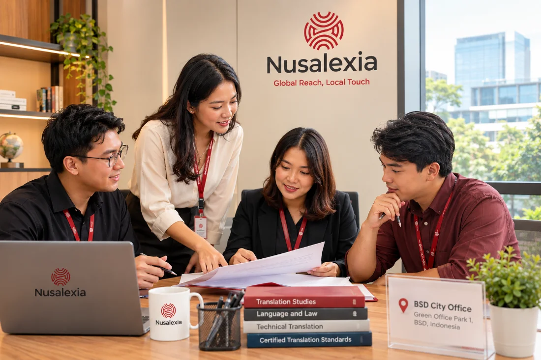 Tentang Kami 1 Tim Nusalexia memeriksa dokumen bersama di kantor BSD